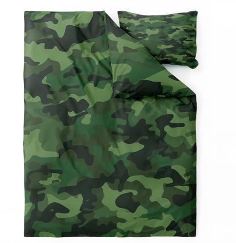 QEODAH Camouflage Bettwäsche 155x220 - Armee Grün Bettbezug 155x220 3 Teilig - Wendebettwäsche & 2 Kissenbezug 80x80 cm - Weiche Mikrofaser Bettwäsche-Sets mit Reißverschluss - Schlafzimmer Bett Deko