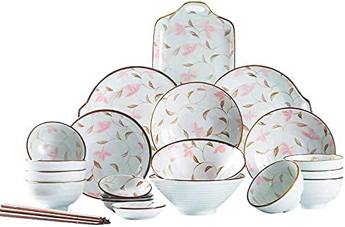 Geschirr-Set für Küche und Esszimmer, 28-teiliges Unterglasur-Geschirrset aus Porzellan, japanisches Kirschblüten-Keramikgeschirr-Set mit Schüsseln und Tellern, Service für 8 Personen, tolles Ges