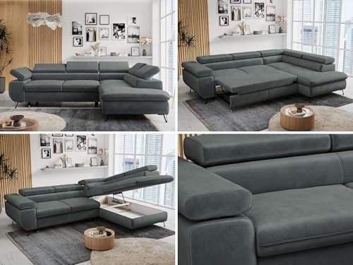 MKS MEBLE Ecksofa Sofa Grau, Wohnlandschaft L-Form mit Schlaffunktion und Bettkasten, Schlafsofa mit Bettkasten, Sofa mit Einstellbare Kopfstützen, Peter L - Dunkelgrau Velvet - Links Grau