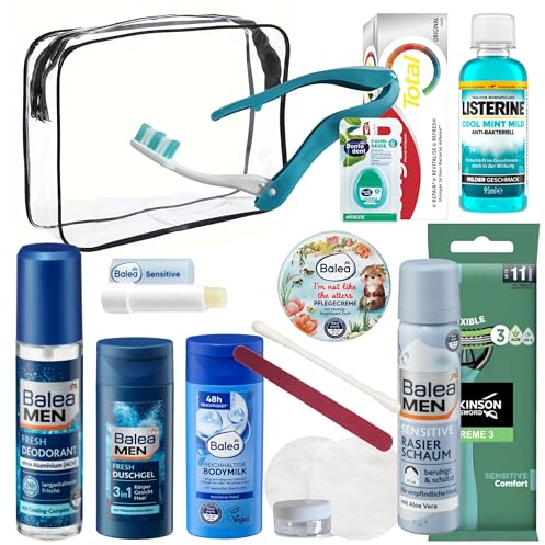 Travel Essentials im Handgepäck-freundlichen Pflege-Set – Transparente Kulturtasche gefüllt mit kleinen Kosmetik Produkten – Ideal als Carry-on Reisegrößen Set für die Flugreise (Männer)
