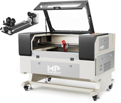 MONPORT 60W CO2 Laser Graviermaschine mit 4 Räder Rotary, 700x500mm Autofokus Industrielle Lasergravierer Laser Cutter mit Luftunterstützung, CO2 Laser für Ringe, Becher, Armbänder, Schmuck