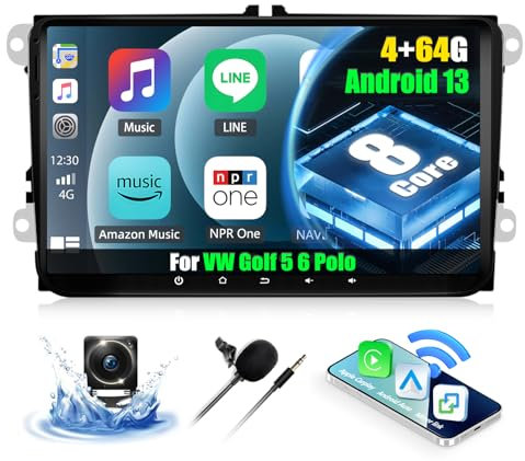 4G+64G 8 Core CAMECHO Android 13 Autoradio für VW Golf 5 Polo Caddy Skoda mit Navi Carplay Android Auto Wireless, Doppel Din Radio mit 9 Zoll Bildschirm,Mirror Link RDS/FM Bluetooth 5.0+DSP