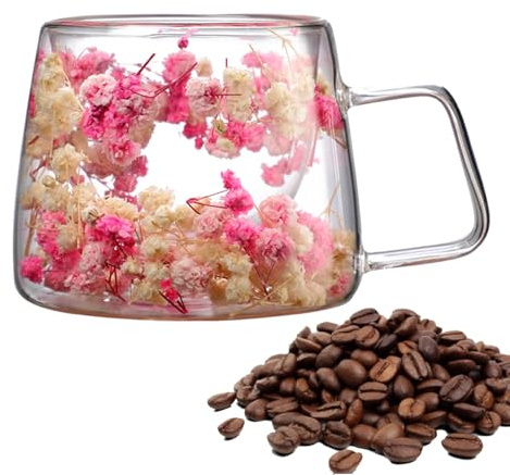 Erconsso Mugs with Dry Flowers, 200ml Clear Flower Mug, Glass Cups Double Walled Coffee Cup, Spring Coffee Mugs Flower Coffee Mug Cup for Cappuccino, Juices, Coffee, Tea