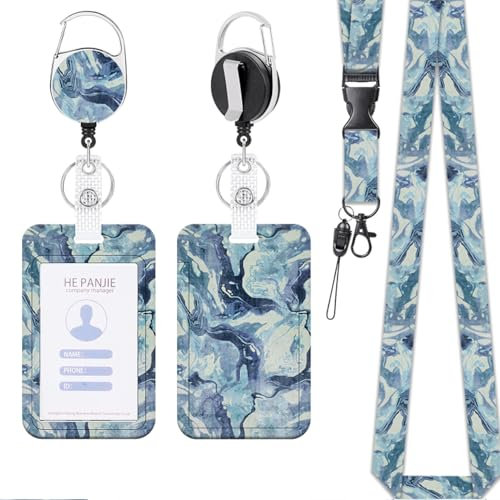 KHDULQ Collier Porte Carte,Porte Badge,Porte Badge Tour de Cou (Motif Texturé Bleu) Pour Fournitures de Bureau et Scolaires