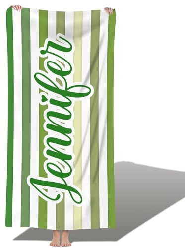 Jodimitty Streifen Strandtuch Personalisiert Name Mikrofaser, Sandfrei Schnelltrocknend Leicht, Farbe Muster Pool Bad Strandtuch für Erwachsene Kinder, 60x120cm/76x152cm/90x180cm (Grün)
