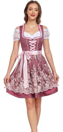 Jecarden Dirndl Damen Midi Dirndl für Damen Weinrot Trachtenkleid mit Dirndlbluse Trachtenmode Trachtenrock Kleid 3 Teilig für Oktoberfest Besondere Anlässe (34-50)