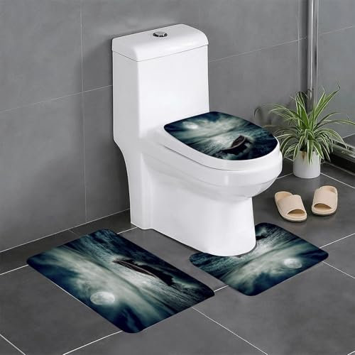 KGDHY Badezimmermatten-Sets 3-Teilig,Angeldekor, Boot treibt im Ozean, Vollmond, dramatischer Nachthimmel, Lebens- und Hoffn,Bad und WC-Vorleger-Set,rutschfeste Badezimmerteppiche wasserabsorbierende
