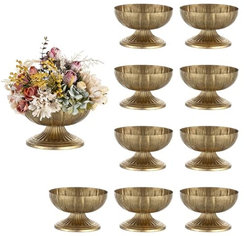 NUPTIO Flower Vase Gold Distressed: 13.7cm Tall, Metal Ribbed Vases, 10 Pcs | Vintage Planters Pot Centrepiece for Floral Arrangements, Wedding Tables, Parties, Bithdays, Christmas, Indoor/Outdoor Decor