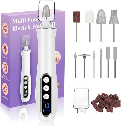 Cordless Electric Nail Drill,10 Speeds Electric Nail File with 360° LED Light and LCD Display,2000 MAh Rechargeable Professional Nail File,Pedicure Manicure Set for Women,Men,Thick Nail,Toenail,Cuticl