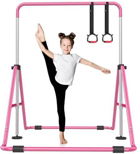 Nimsqury Foldable Gymnastics Bar, 5-Height Adjustable Gymnastic Bars for Kids at Home,Robust & Stable for Indoor/Outdoor Using,Weight Limit 140LBS (Pink)