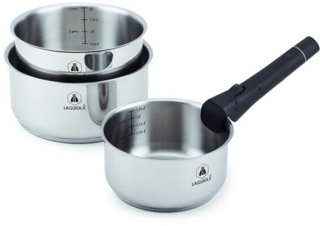 Set de 3 Casseroles Inox 16/18/20 cm Réactif | Inox 202, poignée amovible 10 kg, fond capsulé, cuves graduées, bec verseur, empilables, induction et four 230°C