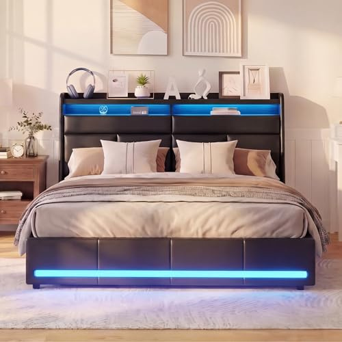 JYCRA Bett mit Bettkasten 160 x 200 cm mit Boxspringbett, Doppelbett mit LED, hydraulische Aufbewahrung, Bettgestell mit Lattenrost, für Jugendliche, PU, ohne Matratze (160 x 200 cm PU C)