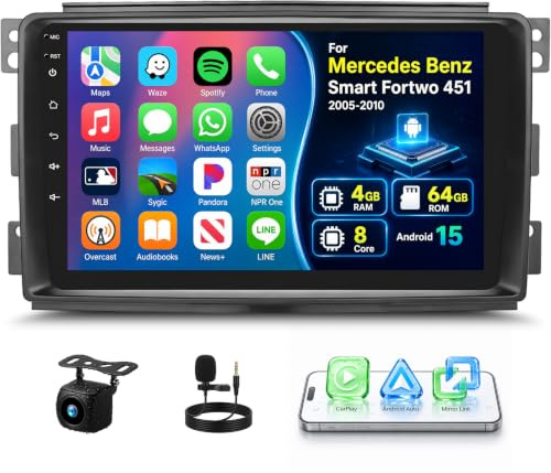 4G+64G 8 Núcleos Qualcomm Snapdragon Android 15 CarPlay Android Auto Radio para Mercedes Benz Smart Fortwo 451 2005-2010 Pantalla Radio Coche 9 Pulgadas con Bluetooth FM RDS GPS WiFi SWC DSP/EQ