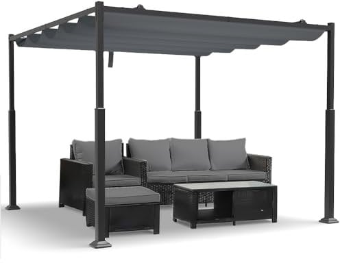 VOUNOT® Pergola Rétractable Coulissante 3x3m Tonnelle de Jardin Abri Soleil Terrasse Extérieur Structure Métal Toile Polyester 180g Haute Densité pour Jardin Gris Foncé