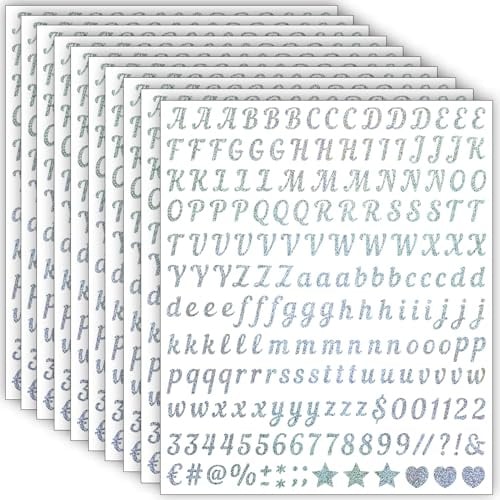 10 Blätter Glitzer Buchstaben Aufkleber Kleine, 2000 Stücke 13 mm Selbstklebende Buchstaben Zahlen Sticker, Klebebuchstaben Wetterfest Vinyl Alphabet für DIY Scrapbooking,Grußkartendekoration (Silber)