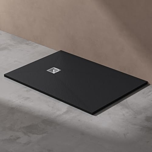 doporro Duschwanne Duschtasse 90x120x3cm aus Mineralguss in Anthrazit Rechteckig DIN-Anschlüsse für bodenebene Montage geeignet inkl. Ablaufgarnitur AL006 Geoma 09