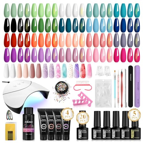 Phoenixy 29 Stück U V Nagellack Set, 20 Farben Gel Nagellack Set + 4 Farben Poly Nagel Gel Gelnägel Starterset mit U V-Nagellampe Base und Top Coat Nägel Selber Machen Set