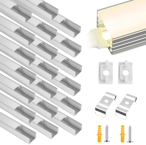BRIMETI LED Profil Aluminium für LED Strip Streifen 10mm Breite, 20x 1M U-Form Kanal Schiene Eckprofil Aluminiumprofil Leisten, mit Milchiger Weiß Abdeckung Endkappen und Montageklammer