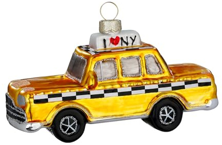 Christbaumschmuck Glas 11,5cm - New York Taxi Figur zum Aufhängen - handbemalt - Weihnachtsbaum Anhänger für Weihnachten - Christbaumanhänger & Weihnachtsbaumschmuck - Fahrzeuge Auto Gelb