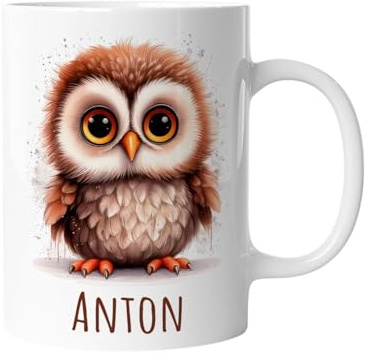 timalo Kindertasse mit Namen | Witzige kleine braune Eule | Personalisierte Keramik Tasse mit Tieren | für Kinder, Jungen & Mädchen – Geschenk, Geburtstagsgeschenk, Namensgeschenke, Kaffeetasse