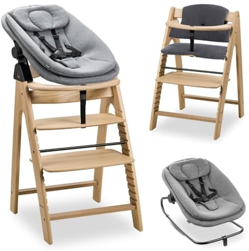 hauck Arketa Hochstuhl Newborn Set mit Highchair Bouncer - Eiche | Mitwachsender Holz Kinderhochstuhl ab Geburt bis 130 kg | inkl. Baby Neugeborenenaufsatz & Sitzkissen