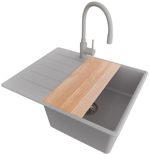 PRIMAGRAN Granitspüle ab 45er Unterschrank + Küchenarmatur, 62x50cm | Set: Küchenarmatur BW6020 + Ablauf-Set + Schneidebrett + Eckspüle 1 Becken - Kopenhagen, Grau