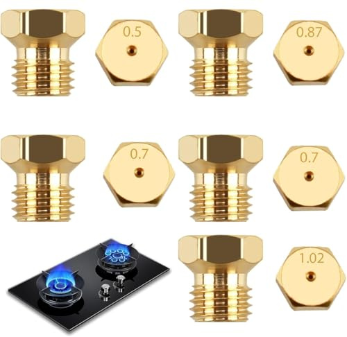 Lot de 5 Gicleurs Gaz Butane Universel, Gicleur Butane pour Gazinière, Cuisinière et Plaque de Cuisson, Injecteur de Gaz Gicleur Bouteille Conversion, Bouteille Gicleur Brûleur 0,5/0,7/0,7/0,87/1,02