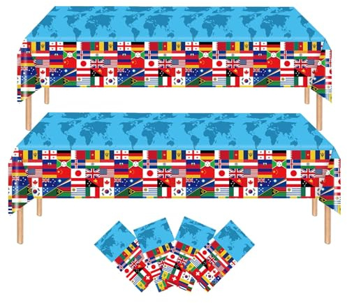 YESAH 4P International Flag Table Cloths for 2026 World Cup Decorations,Plastic Rectangle Nations Tablecloths,World Country Flags 137 * 274cm Table Cover for Football Sport Event Party Decor