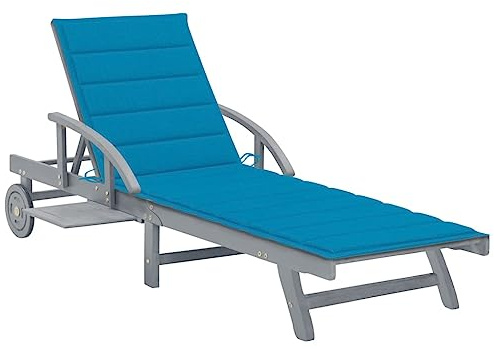 FUDUGEHMIOFWFJJ Chaise Longue de Jardin Réglable avec Coussin Bleu, Transat en Bois d'Acacia Massif Gris avec Roues et Tablette, pour Piscine, Balcon, Terrasse Jardin, Confortable et Durable