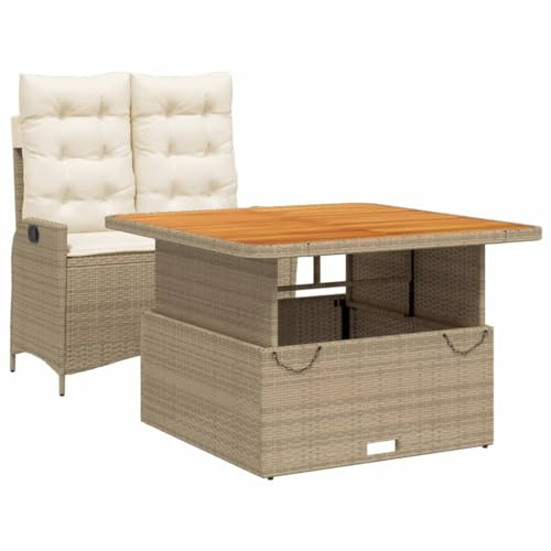 Mhdvray 2-TLG. Garten-Essgruppe Beige Poly Rattan mit höhenverstellbarem Akazienholz-Tisch 110x110 cm wetterfeste Lounge-Möbel für Balkon Terrasse Kleiner Garten