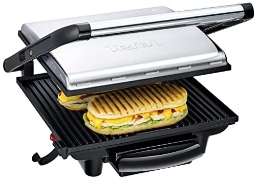 Tefal Kontaktgrill Inicio GC241D, Elektrogrill/Sandwichtoaster, Fettarmes Grillen, Panini, Toasts, Steak, Gemüse, Antihaftbeschichtete Grillplatten, 2000W, 36.3x10.8x33.2cm, Edelstahl/Schwarz