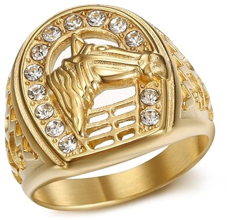 BOBIJOO JEWELRY - Bague fer à Cheval Tête Chevalière Elvis Camargue Gitan Acier inoxydable Or Doré Plaqué - 22,6 (13 US)