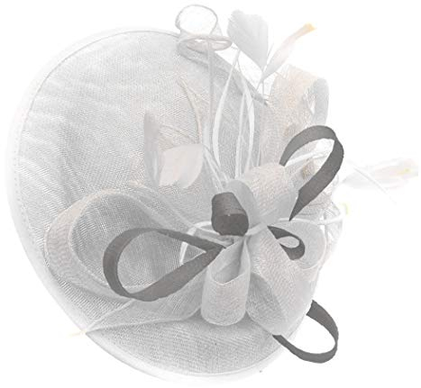 Caprilite White and Silver Grey Sinamay Big Disc Saucer Fascinator Hat for Women Weddings Headband