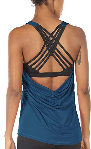 icyzone Damen Sport Tops mit Integriertem BH - 2 in 1 Yoga Gym Shirt Fitness Training Tanktop (M, True Blue)