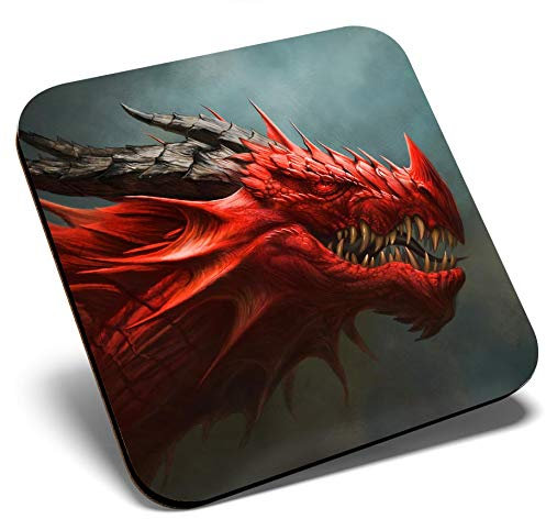 Great Single Coaster Square - Red Dragon Fantasy Scary Creature Gaming |Glossy Quality Coasters | Tabletop Protection for Any Table Type #46239