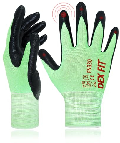 DEX FIT Work Gloves FN330, 3D Comfort Stretch Fit, Power Grip, Durable Foam Nitrile Coated, Smart Touch, Thin & Lightweight, Machine Washable (Small(3 Pairs), FN330 Green)