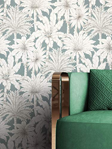 NEWROOM Papier peint Vert Jungle Intissé - Tropical Gris Crème Palmiers Arbre Floral