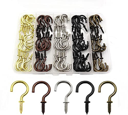 IDEALSV 100 Pcs Cup Hooks 7/8 Inch Screw Ceiling Hooks Christmas Lights Hooks Patio Hanging Hooks Jewelry Hooks 5 Colors Gold,Bronze,Black,Antique Copper,Silver