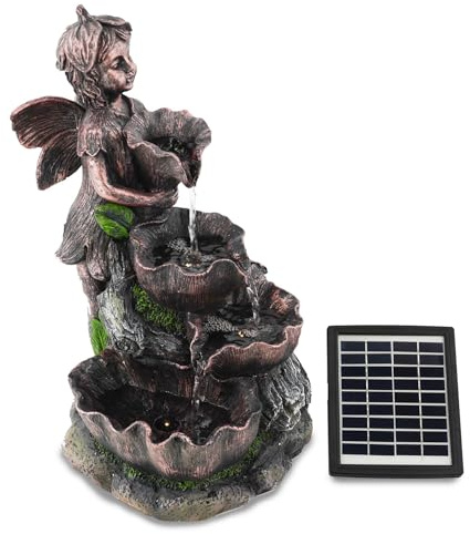 GEEZY Solar Water Features for the Garden – Outdoor Fairy Fountain with LED Lights – Solar Powered, Self-Contained – Easy Setup, Relaxing & Cascading – Ideal for Garden, Patio & Balcony Decor