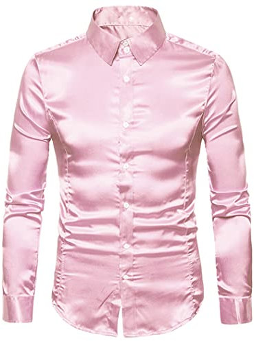Générique JIER Hommes De Luxe Brillant Soie comme Satin à Manches Longues Chemises Habillées pour Fête Disco Bal Surface Brillante Costume De Bal (Rose,XL,XL)