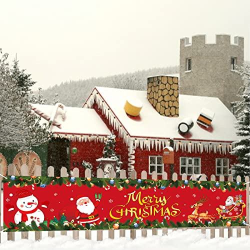 Frohe Weihnachten Banner - Extrem Große Outdoor Weihnachten Deko Mit Weihnachtsmann, Schneemann, Baum, Elch für Neujahr Party, Wand, Balkon, Garten, Aussen
