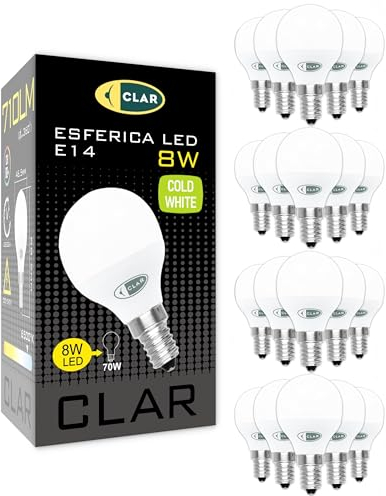 CLAR – Bombilla LED E14 8W, Casquillo Fino, Luz Fría 6500K, Bajo Consumo y Alta Eficiencia Energética para Uso Doméstico o Profesional (Pack 20)