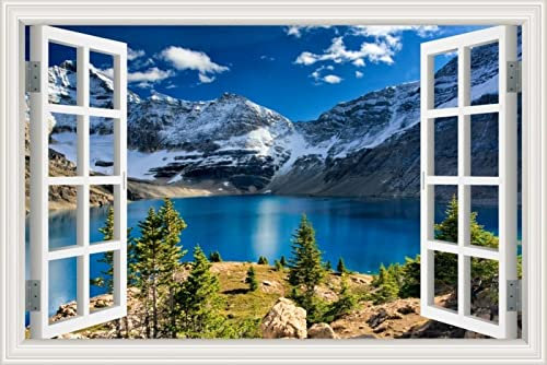 MUMUWUSG Vinyl 3D Wandaufkleber 160X120Cm Blau Himmel Berge Seen Fototapete Tapete Wanddeko 3D Effekt, Fototapeten Blick Durchs Fenster Illusion 3D Tapeten Wohnzimmer Schlafzimmer