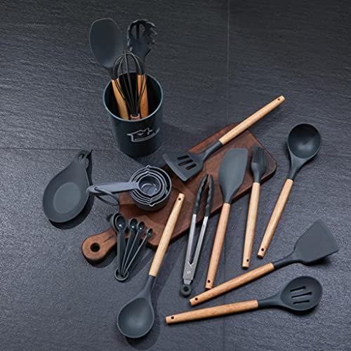 AHASON'S Silicone Cooking Utensils Set 230°C-446°F Heat Resistant Utensils,Turner Tong,Spoon,Spatula,Brush,Whisk with Holder Kitchen Utensil Gadgets Tools Set Non-Stick Cookware,BPA Free(Dark Grey)
