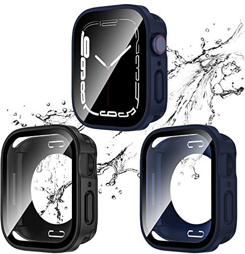 Confezione da 2 custodie impermeabili 2 in 1 per Apple Watch Series SE SE2 6 5 4 44 mm, bordo dritto, paraurti anteriore e posteriore in PC con pellicola protettiva in vetro temperato 360 Cover