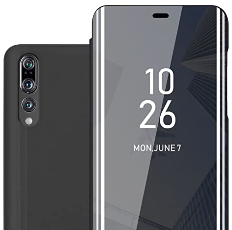 Cadorabo Hülle kompatibel mit Huawei P20 PRO / P20 Plus in TURMALIN SCHWARZ - Clear View Spiegel Schutzhülle mit Standfunktion 360 Grad Schutz