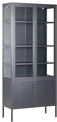 Beliani Hohe Vitrine Metall schwarz 5 Fächer 180 cm mit 2 Glastüren Industrie Stil Oxted