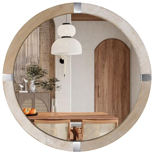 Rustikale runde Spiegel, 80 cm, Holzspiegel, dekorativer Wandspiegel, Used-Look, natürlicher Holzrahmen mit weißem Rand für Schlafzimmer, Badezimmer, Wohnzimmer oder Eingangsbereich