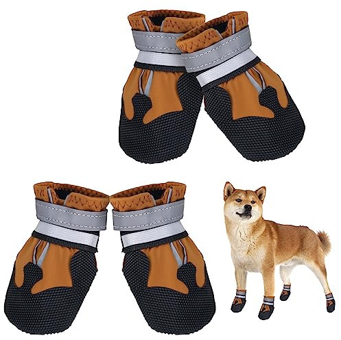 Avvrel Hundeschuhe, 4 Stück Pfotenschutz Hundestiefel rutschfeste wasserdicht mit Verstellbarem Reflektierendem Riemen, Outdoor Hundeschuhe für Kleine Mittel Große Hunde (Braun, XL)