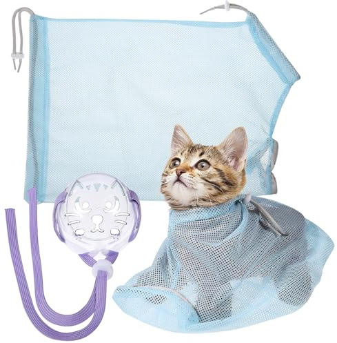 Parliky Cat Bathing Bag Breathable Cat Grooming Bag with Adjustable Zipper Grooming Muzzle Included for Shower Nail Trimming Ear Cleaning and Medication 4.53 X 2.95 X 5.12 in